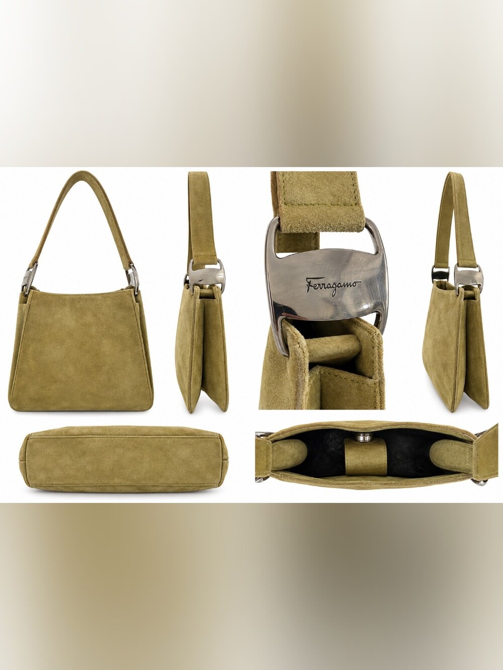 Salvatore Ferragamo Olive Suede Shoulder Bag with Signature Metal Buckle